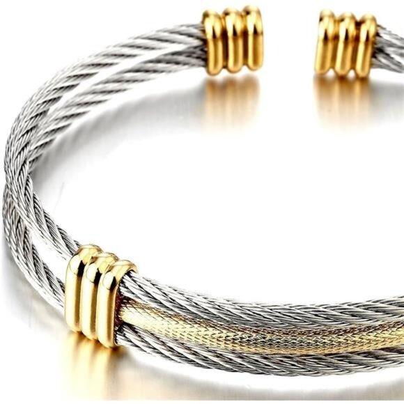 Stainless steel cuff bracelet silver gold twisted cable adjustable bangle - Picture 4 of 7
